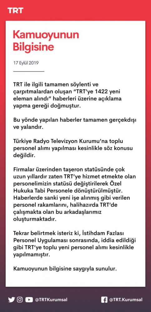 "TRT’ye bin 422 yeni eleman alındı" haberlerine yalanlama